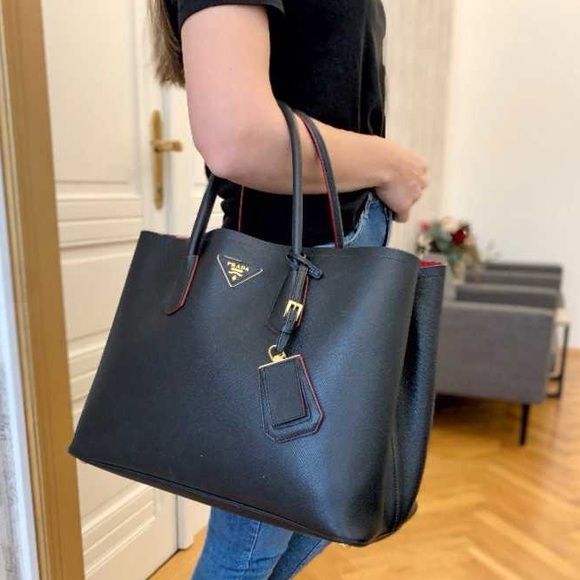 Prada Handbags - Prada Saffiano Double Large Tote in Black and Red.